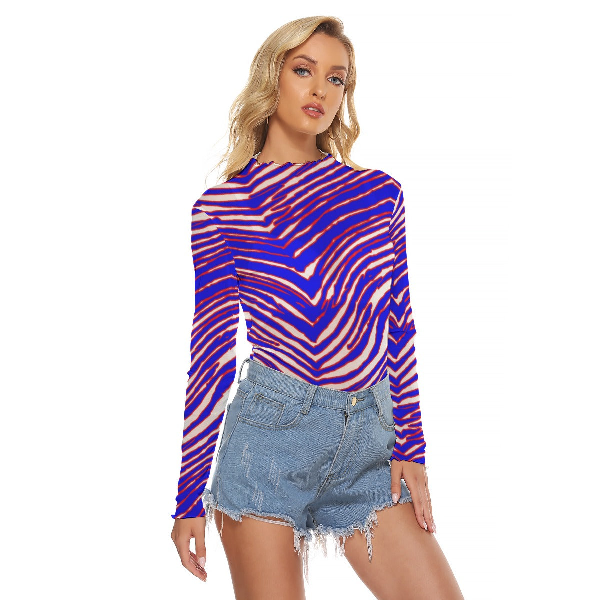 Vuffalo Women's Mesh T-shirt – Red Blue White Zebra football Game Day Style