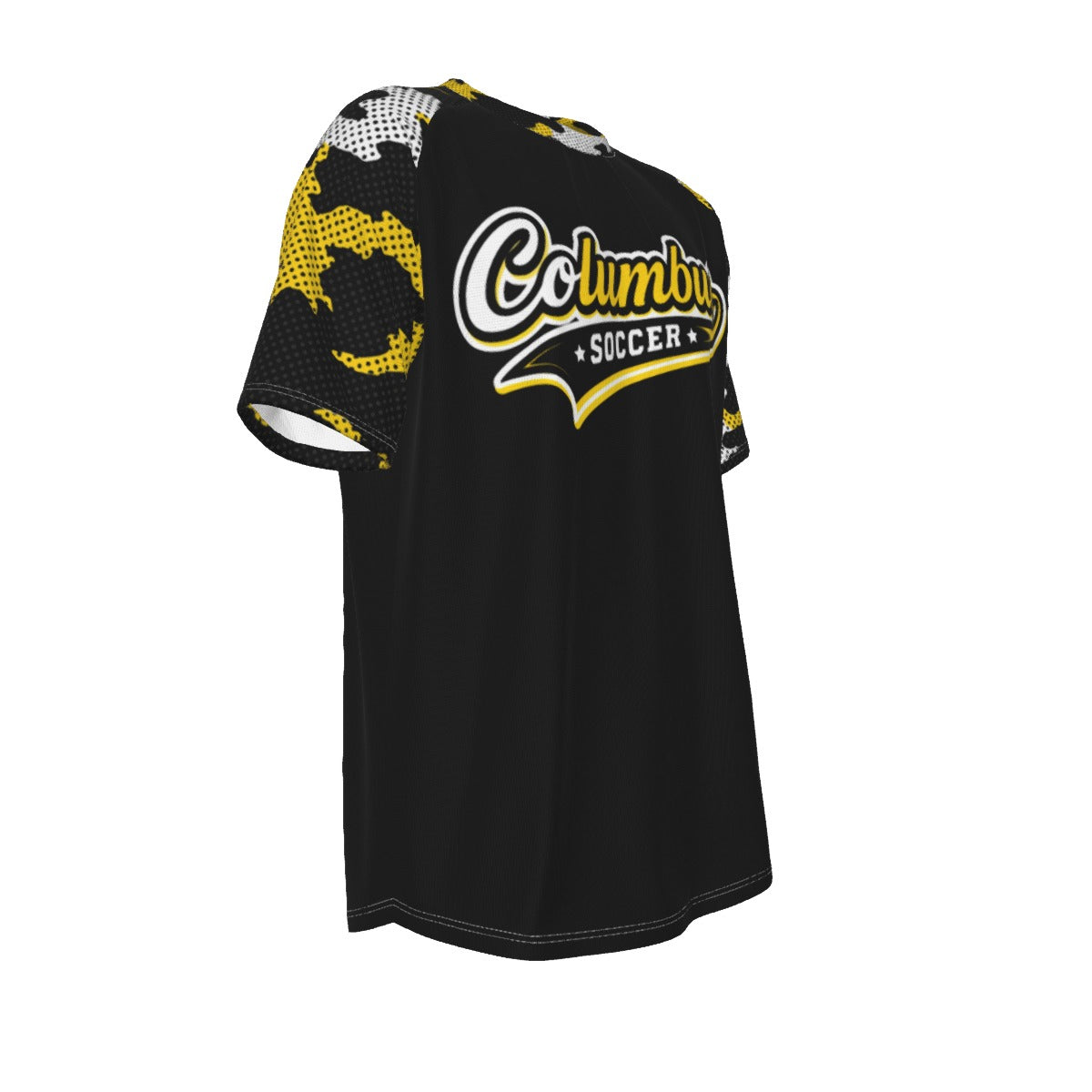Black Columbus Soccer Black and Yellow Camouflage Sleeve Shirt – Retro Street Soccer Style Tee