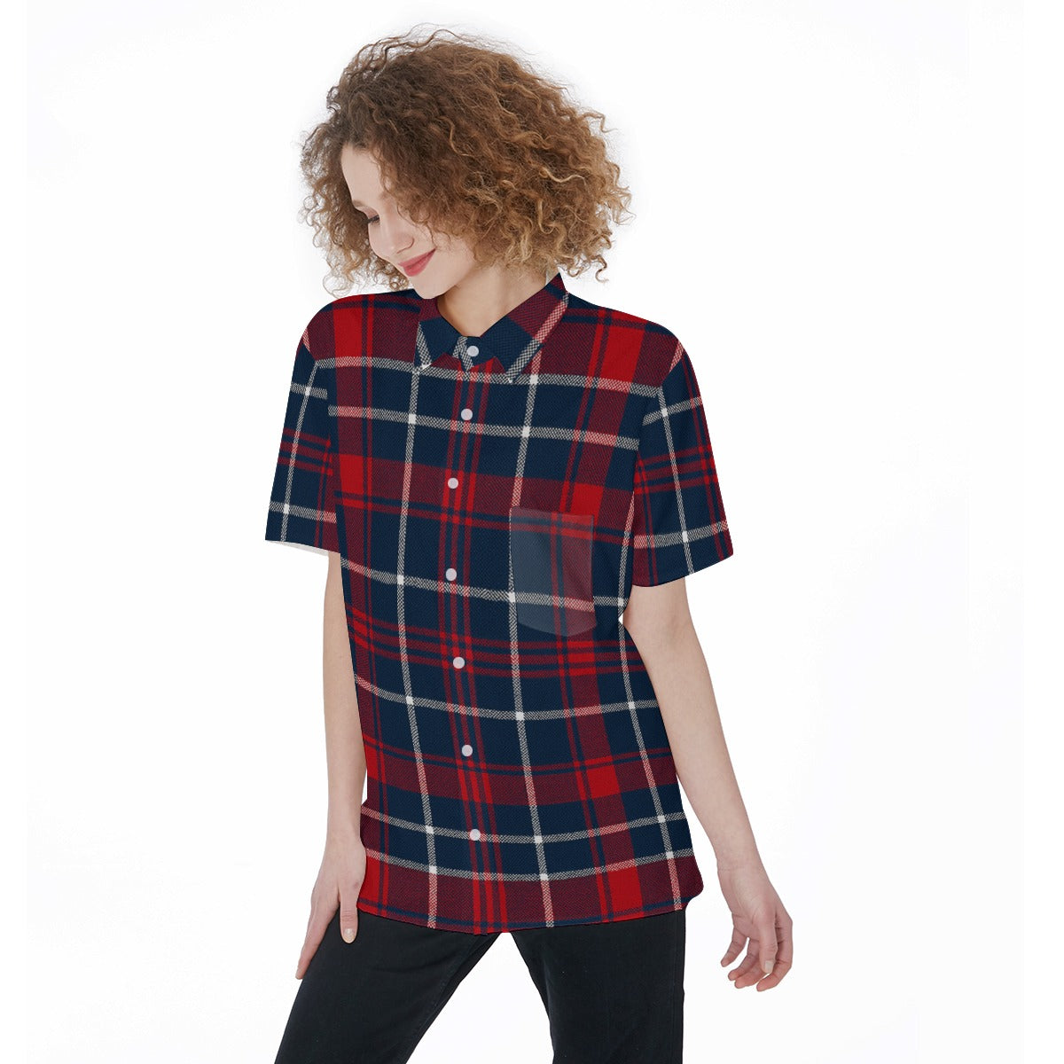 Arizona Wildcats Tartan Plaid Navy Red Women's Short Sleeve Shirt With Pocket