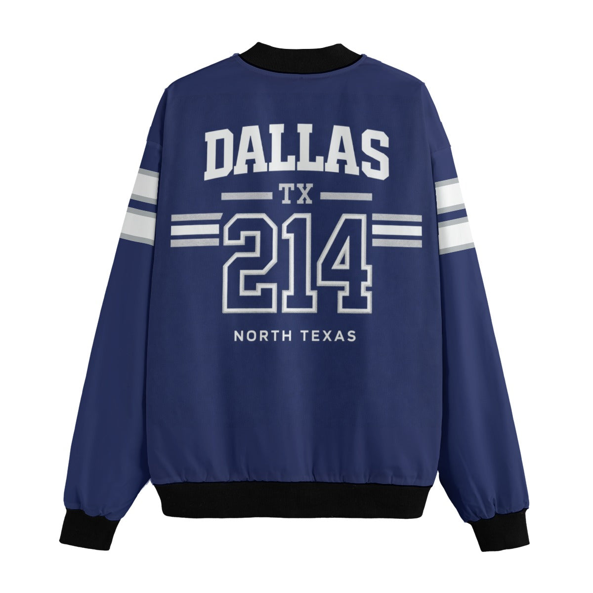 Blue sweatshirt with 'Dallas TX 214 North Texas' text on a white background