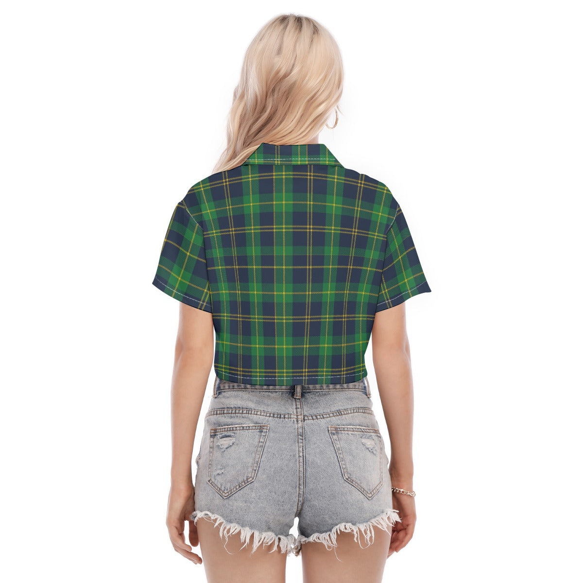 Notre Dame Fighting Irish Green Navy Gold Plaid Womens Cropped Shirt 7 green navy gold plaid women fashion apparel