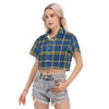 west virginia mountaineers tartan plaid blue gold women's cropped shirt blue gold tartan plaid mountaineers game day fashion