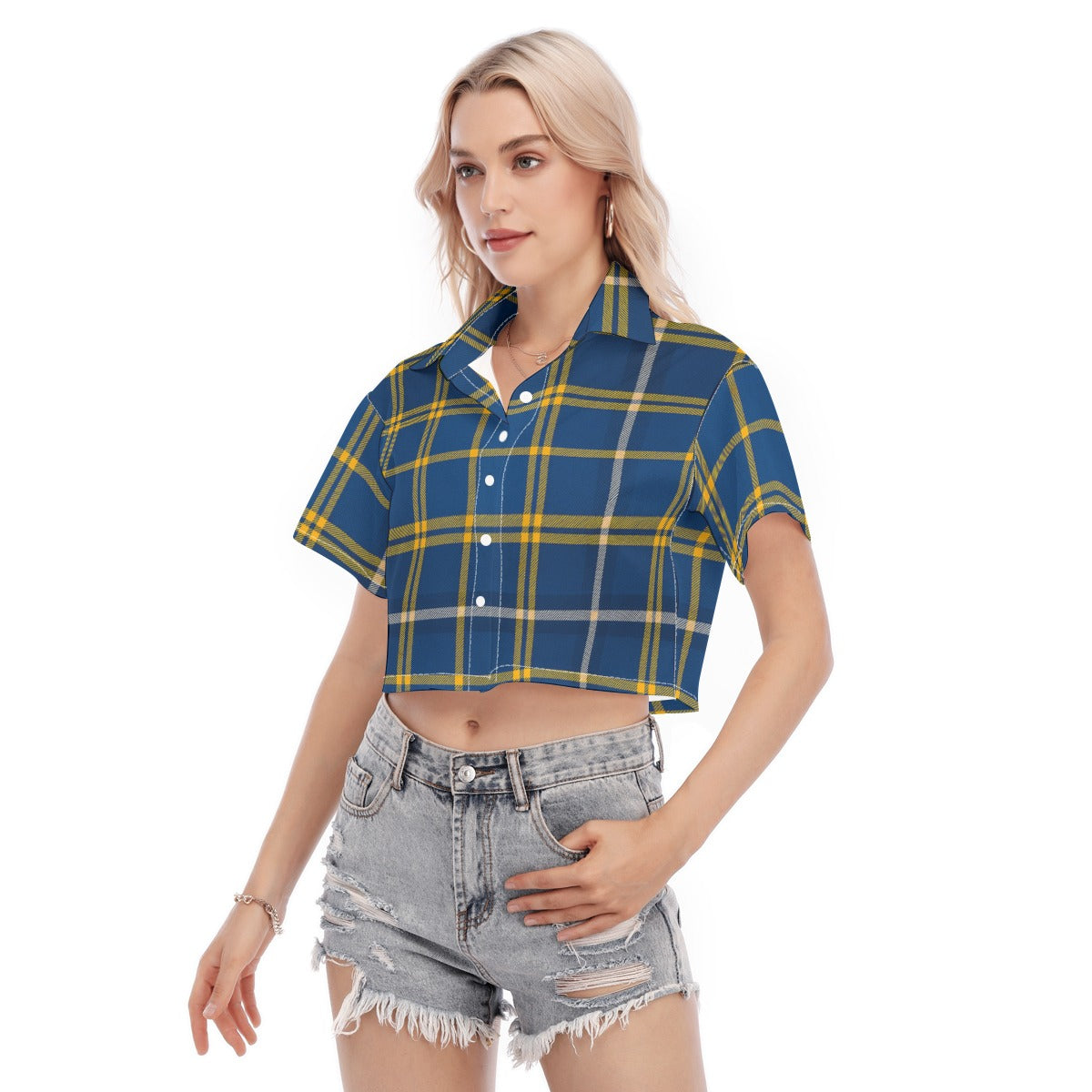 west virginia mountaineers tartan plaid blue gold women's cropped shirt blue gold tartan plaid mountaineers game day fashion