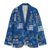 Blue blazer with Detroit Lions logos and text on a white background