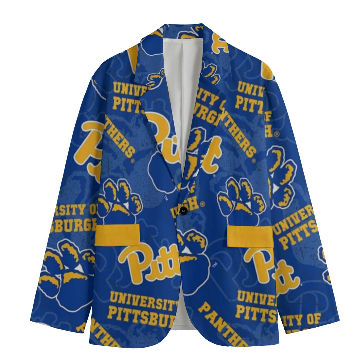 Blue blazer with yellow text and logos of the University of Pittsburgh on a white background