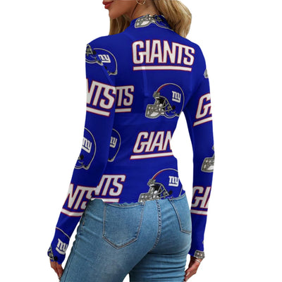 Person wearing a blue 'Giants' themed long-sleeve shirt with repeated branding on a white background