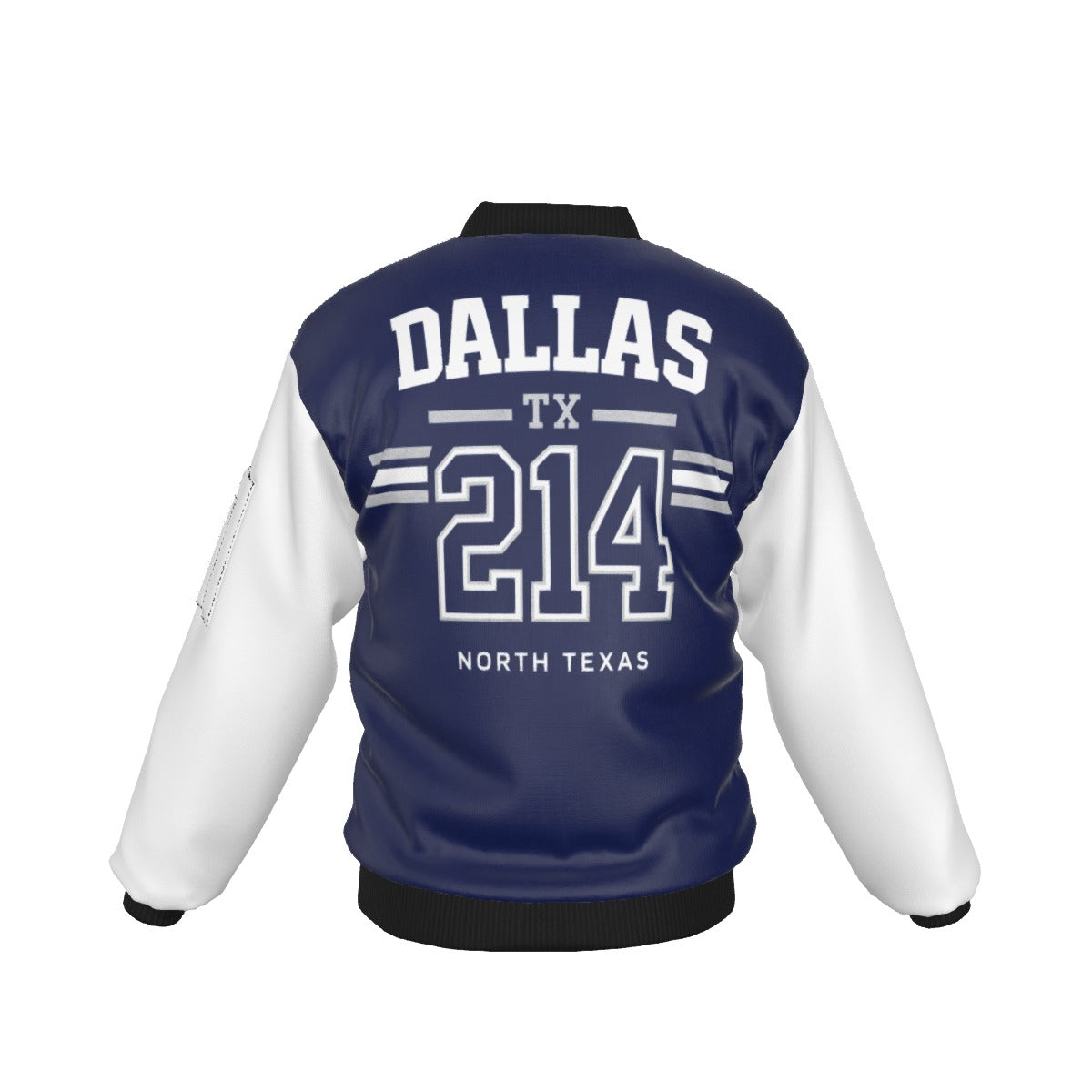 Blue and white varsity jacket with 'Dallas TX 214 North Texas' text on a white background
