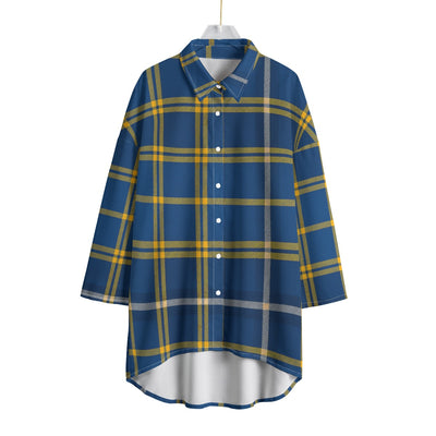 west virginia mountaineers tartan plaid blue gold women's chiffon shirt with elbow sleeve blue gold tartan plaid mountaineers game day fashion