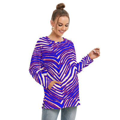 Women’s Side Split O-Neck Sweatshirt – Red, Blue White Zebra Game Day Style – casual fan outfit, casual fan outfit, image 1.0