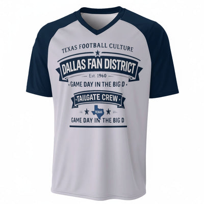 Dallas Football Fan District V Neck T Shirt White and Navy Blue – Tailgate Crew Tee – football shirt, lightweight game day shirt, image 1.0