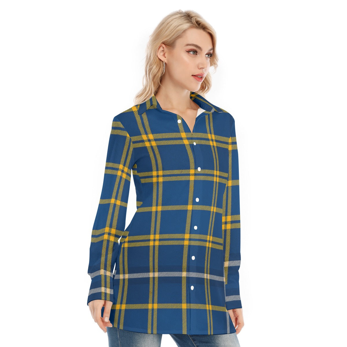 West Virginia Mountaineers Tartan Plaid Blue Gold Women's Long Shirt streetwear fashion product image 4