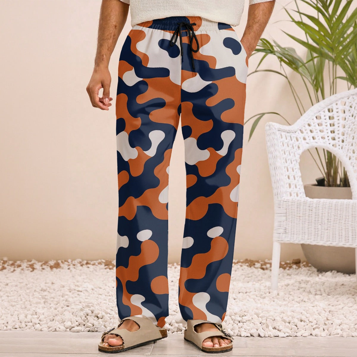 Chicago Football Camo Wide Leg Pants for Men – Navy Orange Game Day Lounge Trousers – casual fan outfit, breathable comfort wear, image 1.0