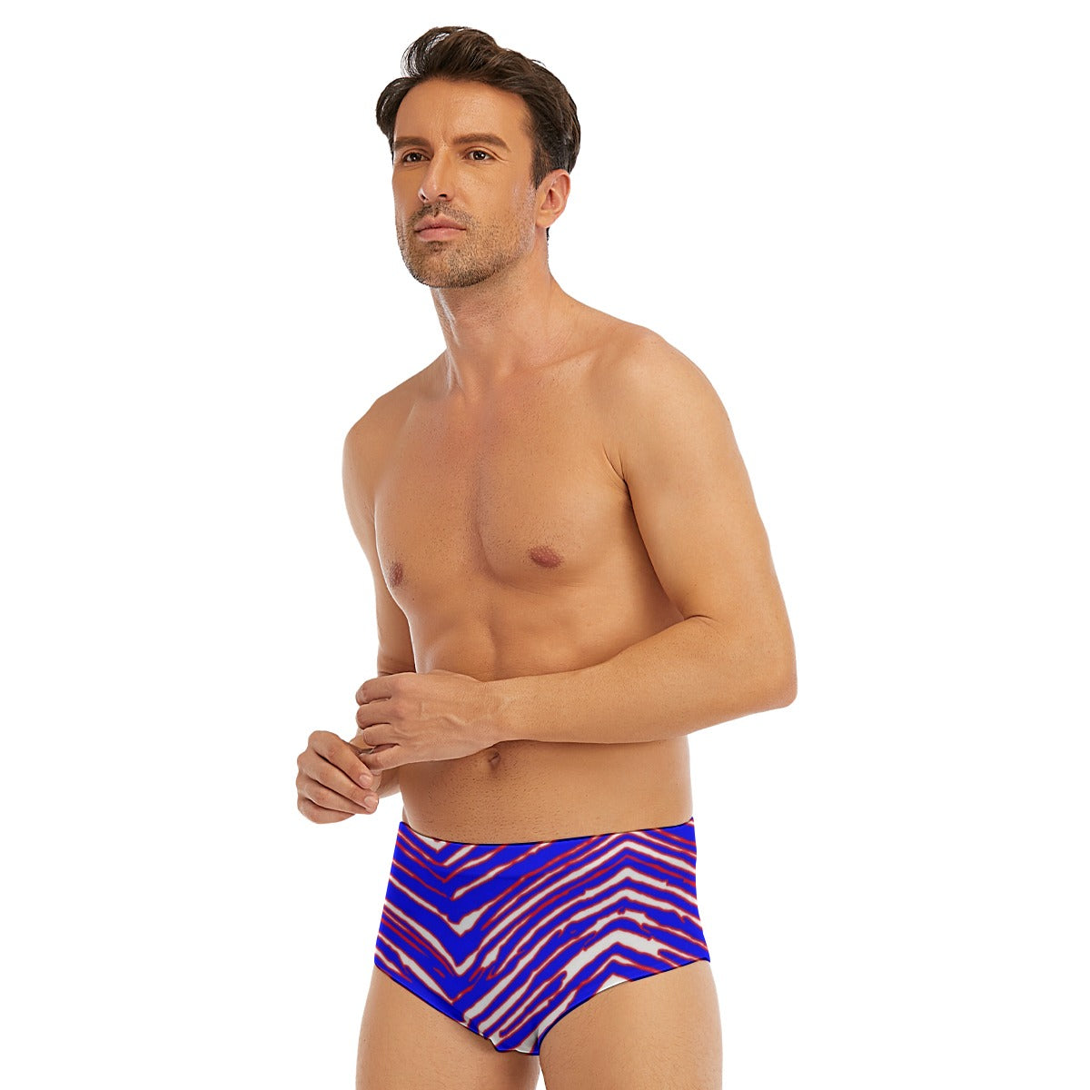 White Smoke All-Over Print Men's Triangle Swim Trunks – Red Blue White Zebra Game Day Style