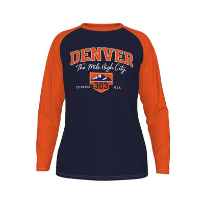 Denver Navy and Orange Long Sleeve Raglan Shirt – Vintage Baseball Varsity Athletic Style Tee – breathable comfort wear, football shirt, image 1.0