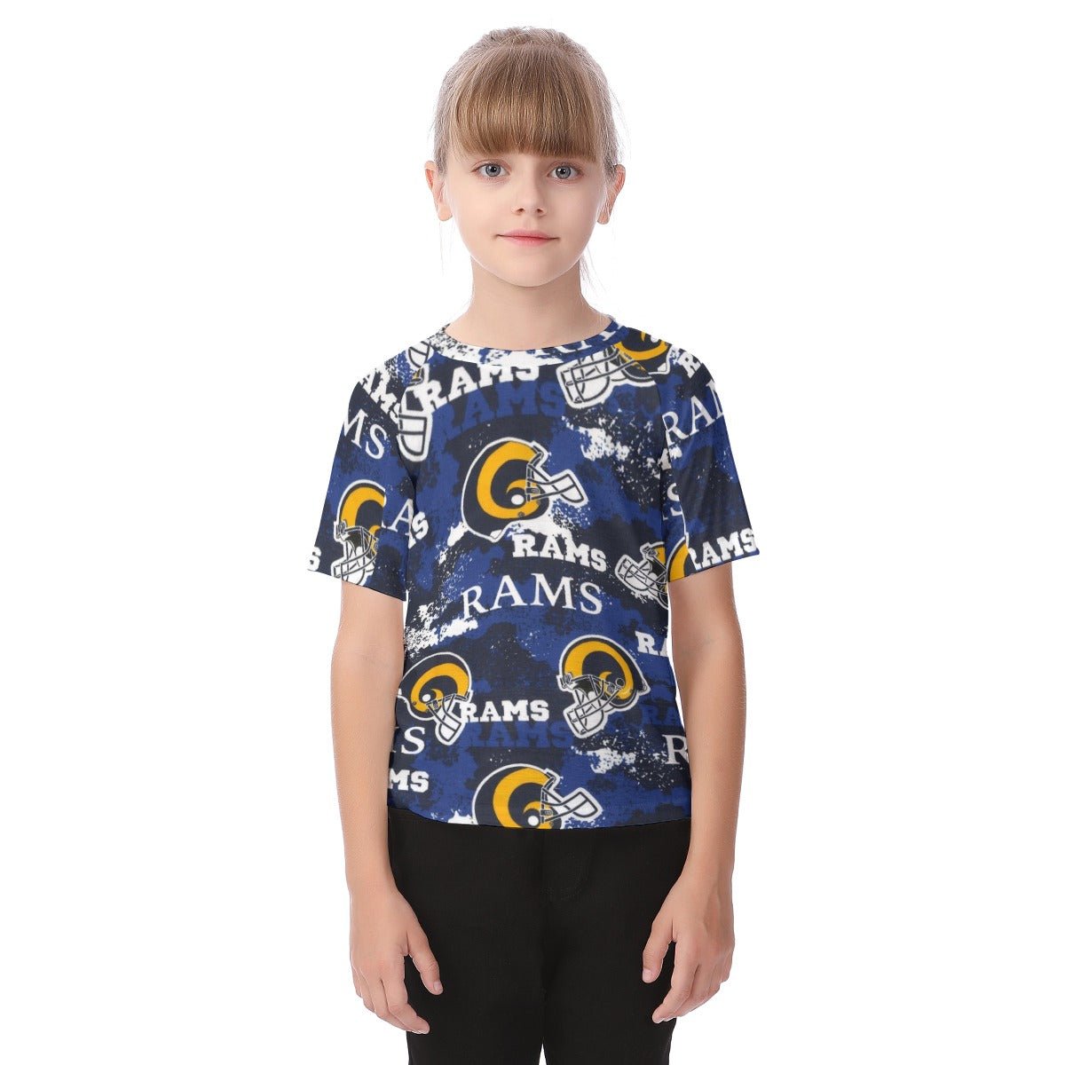 Los Angeles Rams  Kid's Raglan Sleeve T-shirt navy orange football outfit back view