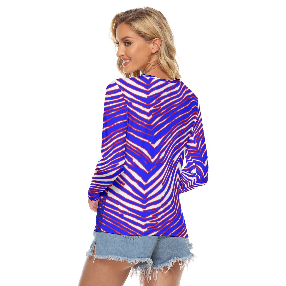 Buffalo football  Women's Stretchable long Sleeve Top – Red Blue White Zebra Game Day Style