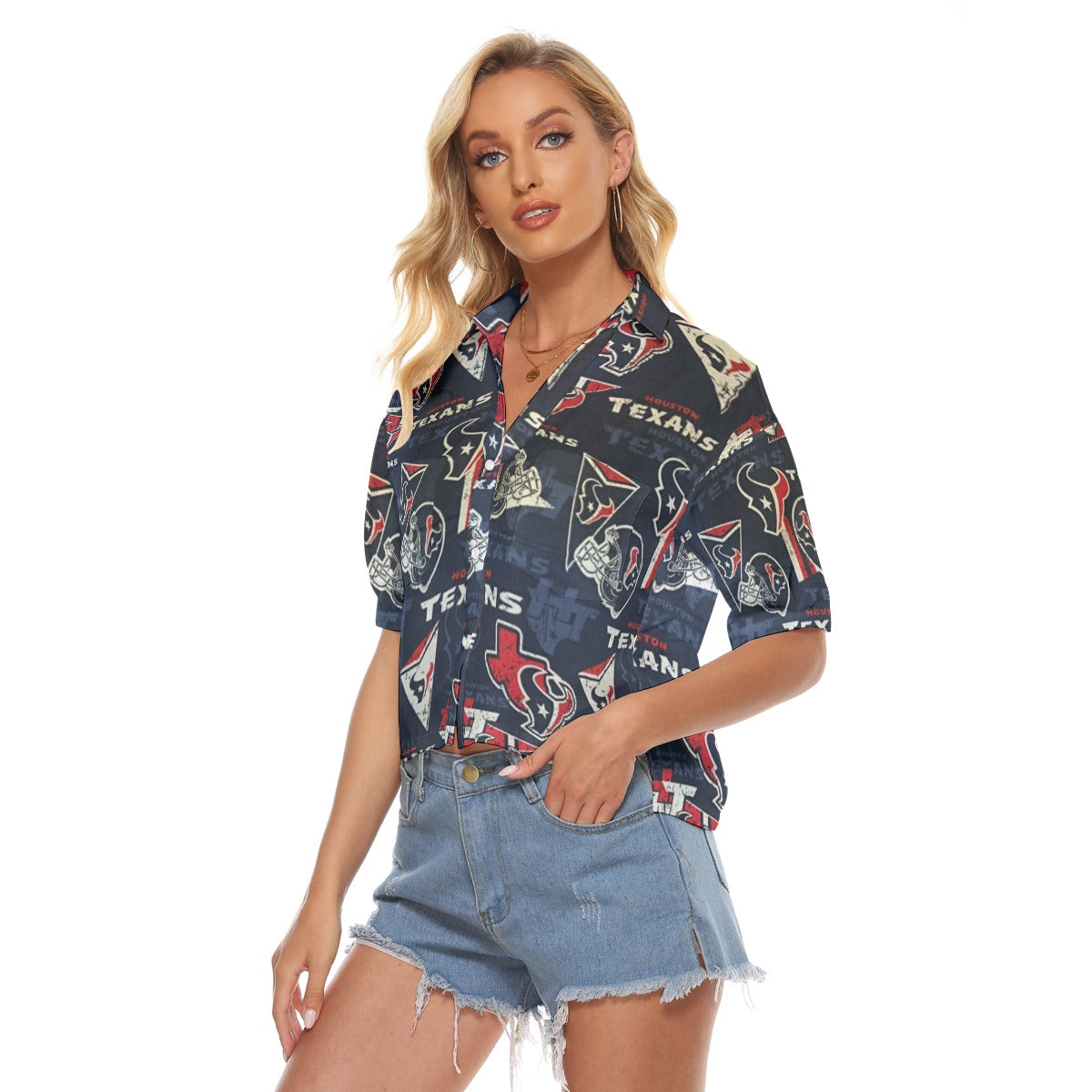 houston-texans-womens-v-neck-shirts navy red football side view classic fit