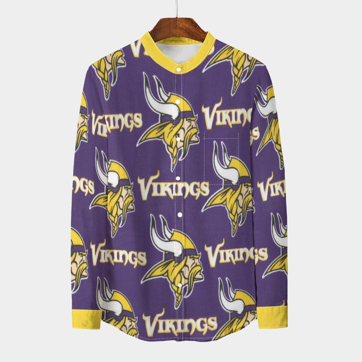 Minnesota Vikings Men's Stand Collar Shirt With Long Sleeve|110GSM Imitation Flax purple gold football outfit back view