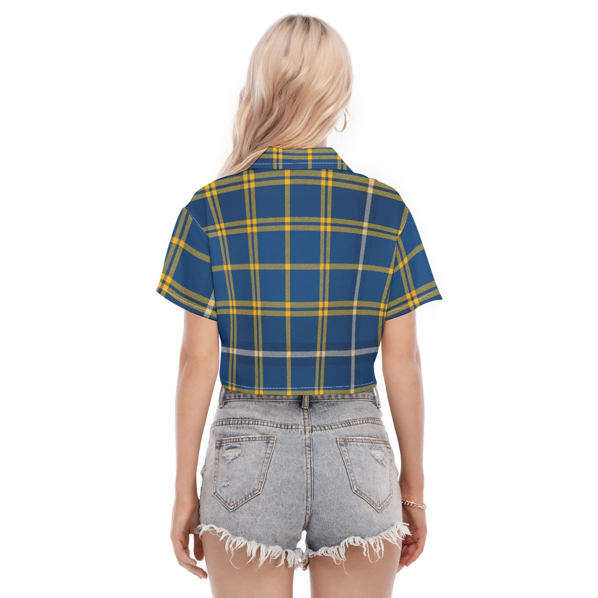 West Virginia Mountaineers Tartan Plaid Blue Gold Women's Cropped Shirt