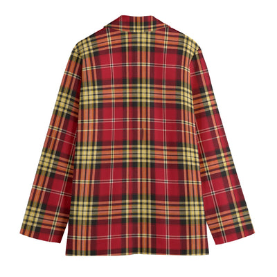 White Smoke San Francisco Football Plaid Women's Leisure Blazer Red and Gold Flat Lapel Casual Game Day Jacket