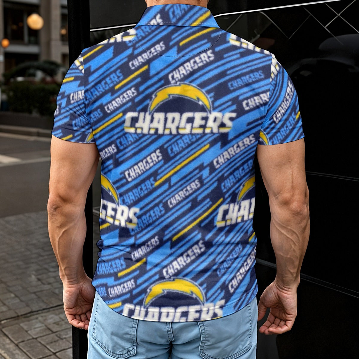 los-angeles-chargers-mens-polo-shirt powder blue yellow football fabric breathable detail