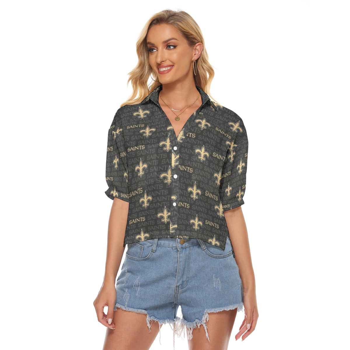 New Orleans Saints Women's V-neck Shirts black gold football back view streetwear style