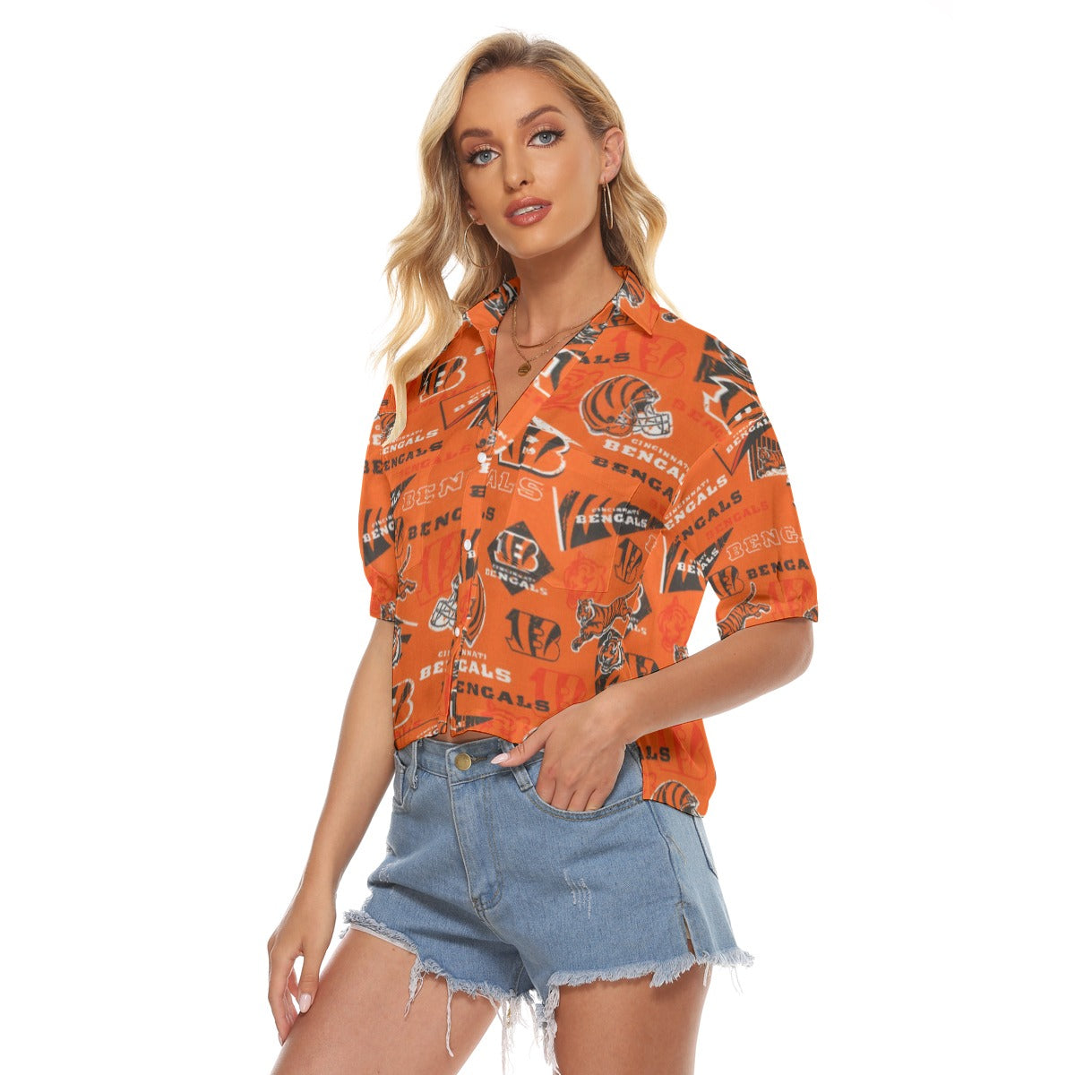 cincinnati-bengals-womens-v-neck-shirts black orange football side view streetwear fit