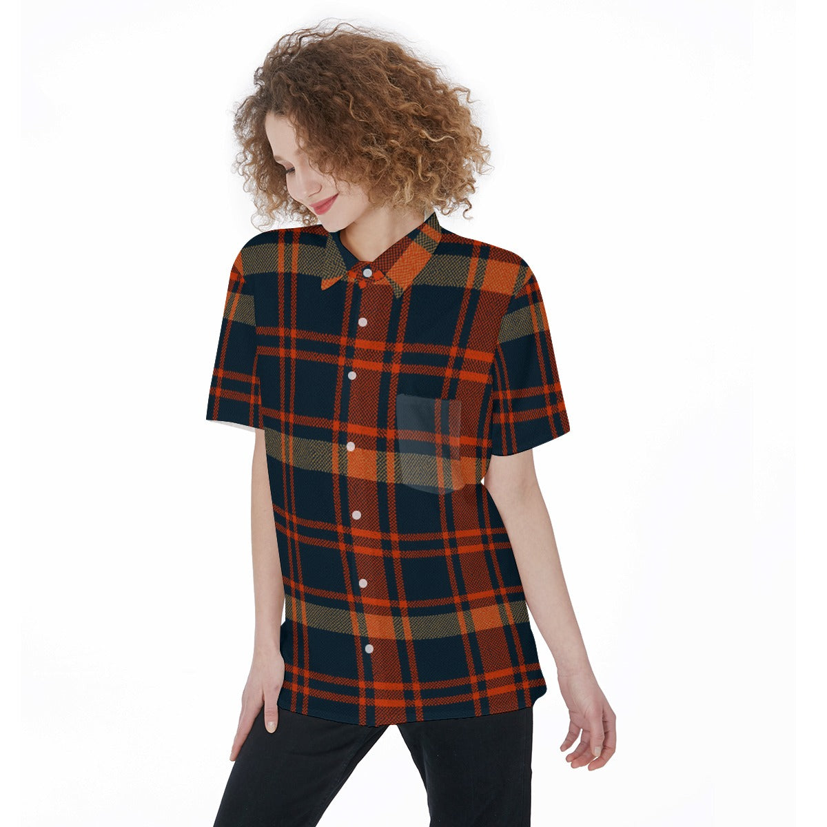 Auburn Tigers Tartan Plaid Navy Orange Women's Short Sleeve Shirt With Pocket