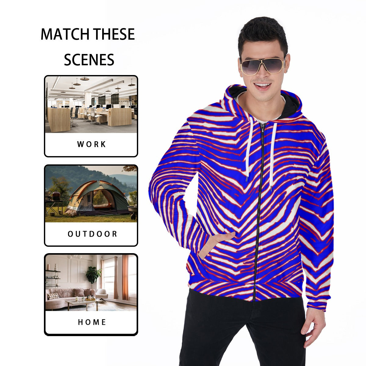 Buffalo Football Zip Up Hoodie With Pocket – Red Blue White Zebra Game Day Style