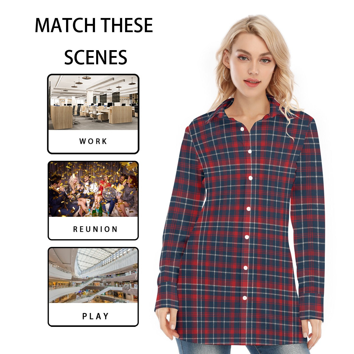 Arizona Wildcats Tartan Plaid Navy Red Women's Long Shirt streetwear fashion product image 6