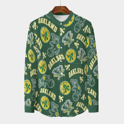 Oakland Athletics Men's Stand Collar Shirt With Long Sleeve|110GSM Imitation Flax oakland athletics baseball fan apparel game day outfit