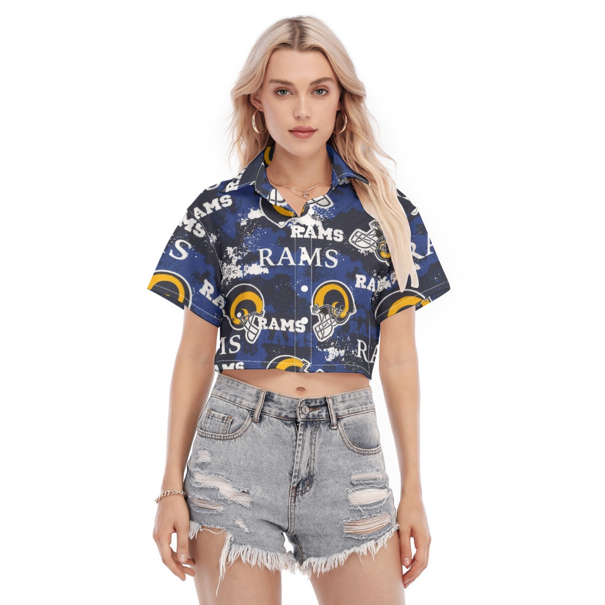 Los Angeles Rams Women's Cropped Shirt navy orange football outfit back view