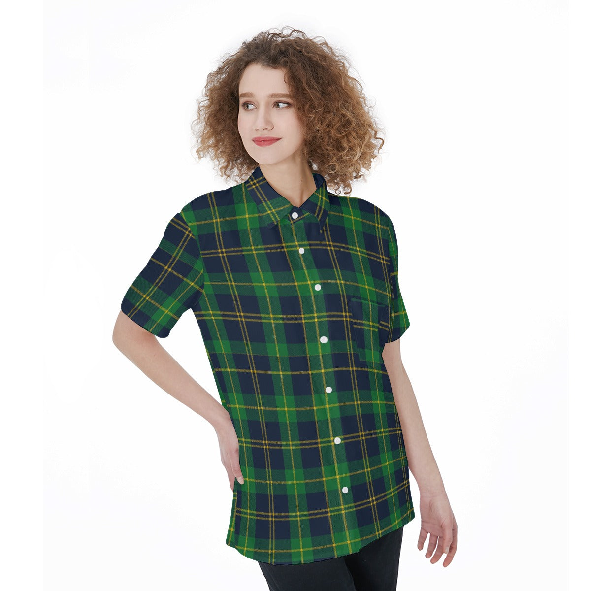Notre Dame Fighting Irish Green Navy Gold Plaid Womens Short Sleeve Shirt With Pocket 8 green navy gold plaid women fashion apparel