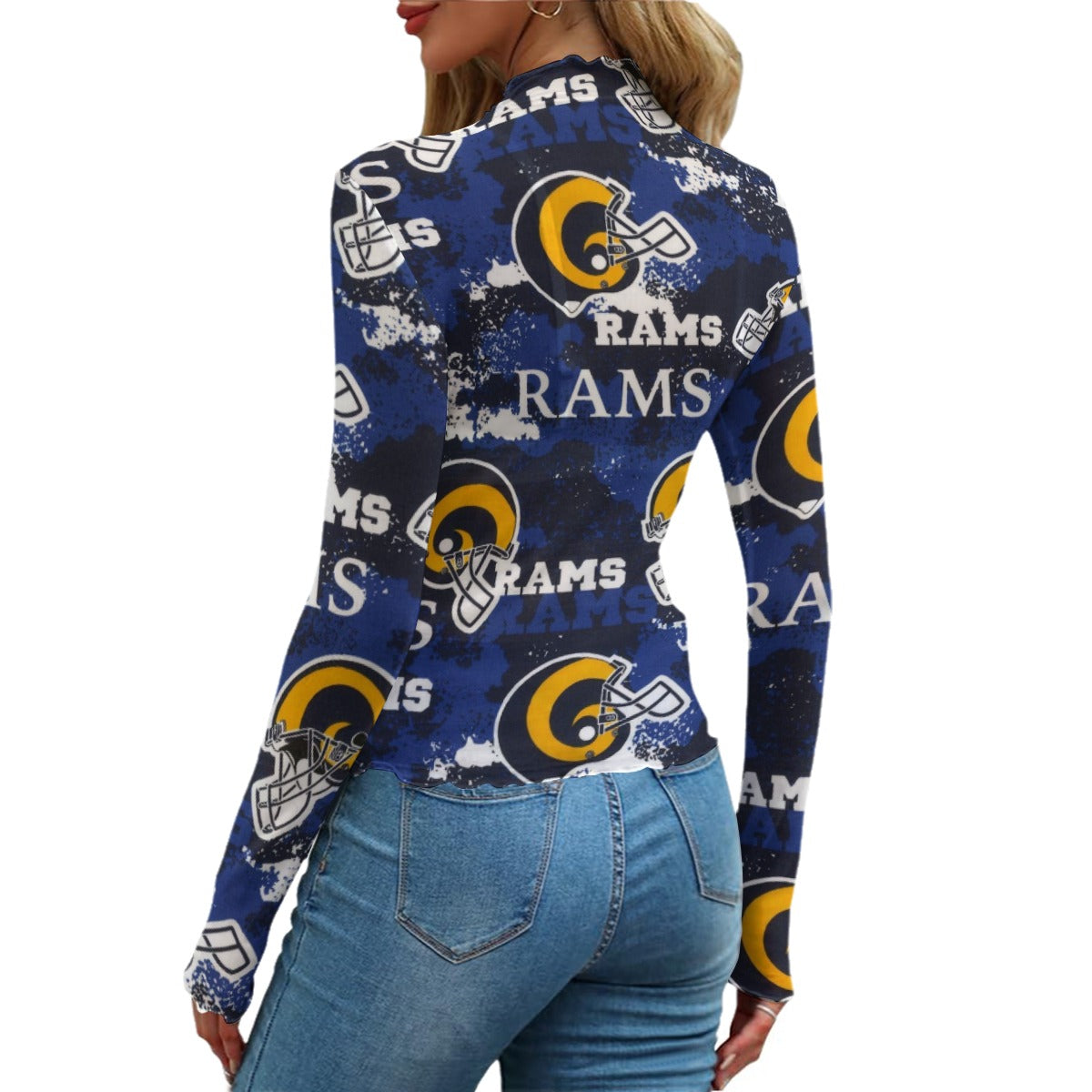 los-angeles-rams-womens-mesh-t-shirt navy orange football outfit detail