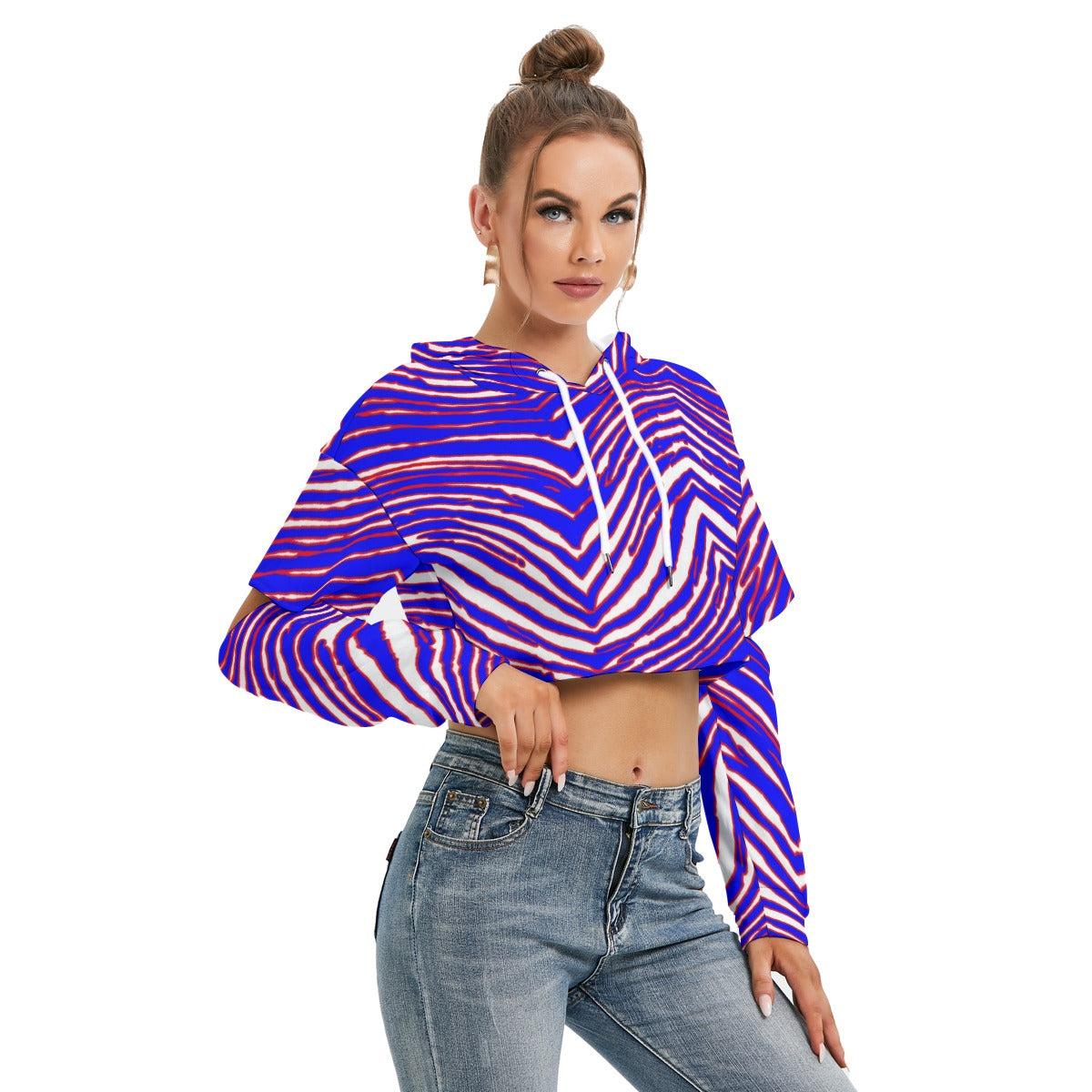 Women’s Heavy Fleece Hoodie with Hollow Out Sleeve – Red, Blue White Zebra Game Day Style