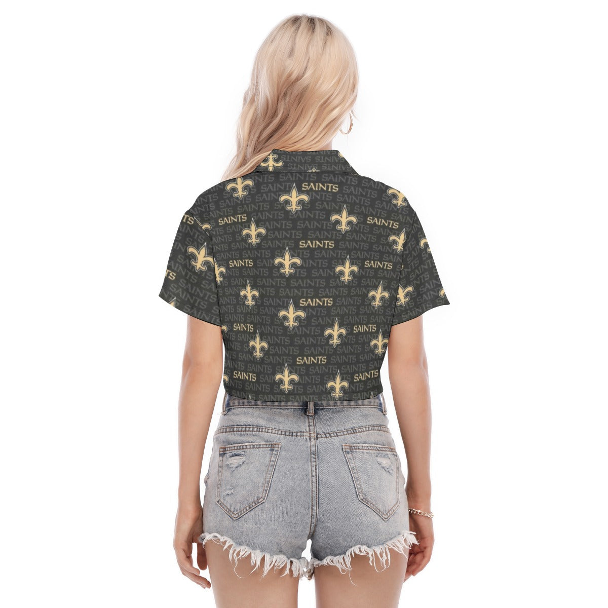 new-orleans-saints-womens-cropped-shirt black gold football close-up design detail