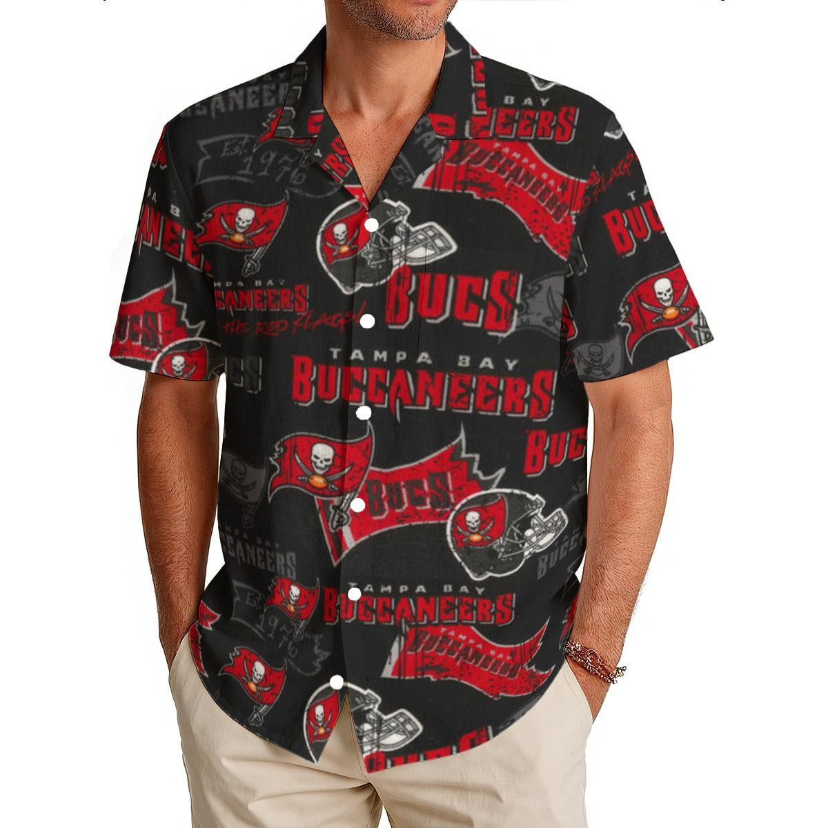 Tampa Bay Buccaneers Men's Hawaiian Shirt|150GSM red pewter football outfit back view