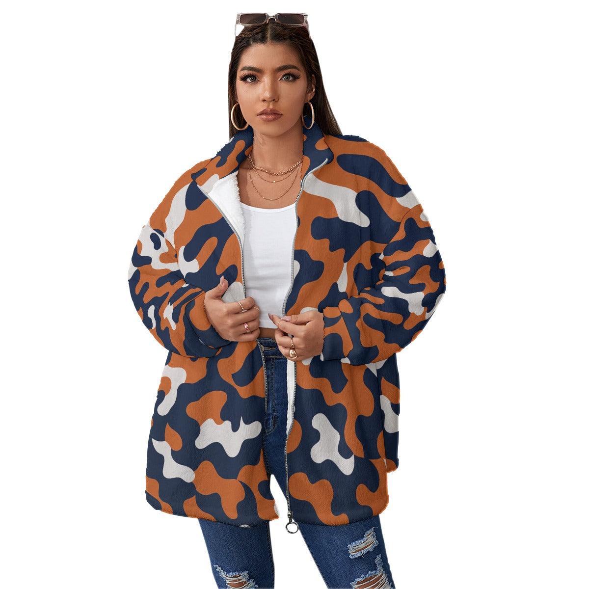Chicago Football Women’s Oversized Camo Jacket – Navy Orange Game Day Streetwear Coat – sportswear style, fan gear, image 1.0