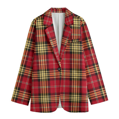 San Francisco Football Plaid Women's Leisure Blazer Red and Gold Flat Lapel Casual Game Day Jacket – nfl fan apparel, lightweight game day shirt, image 1.0