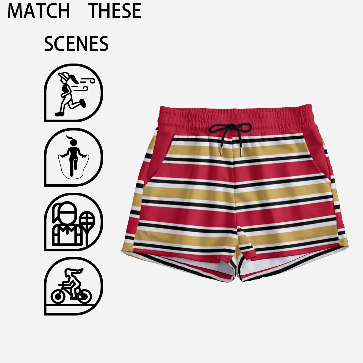 White Smoke San Francisco Football Striped Women’s Casual Shorts – Red and Gold Game Day Style