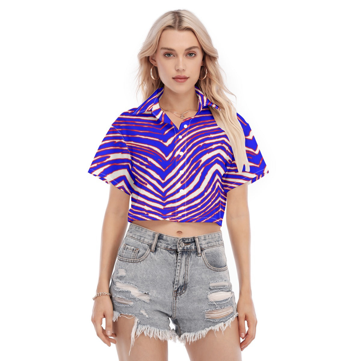 Buffalo Football Women's Cropped Shirt – Red Blue White Zebra Game Day Style