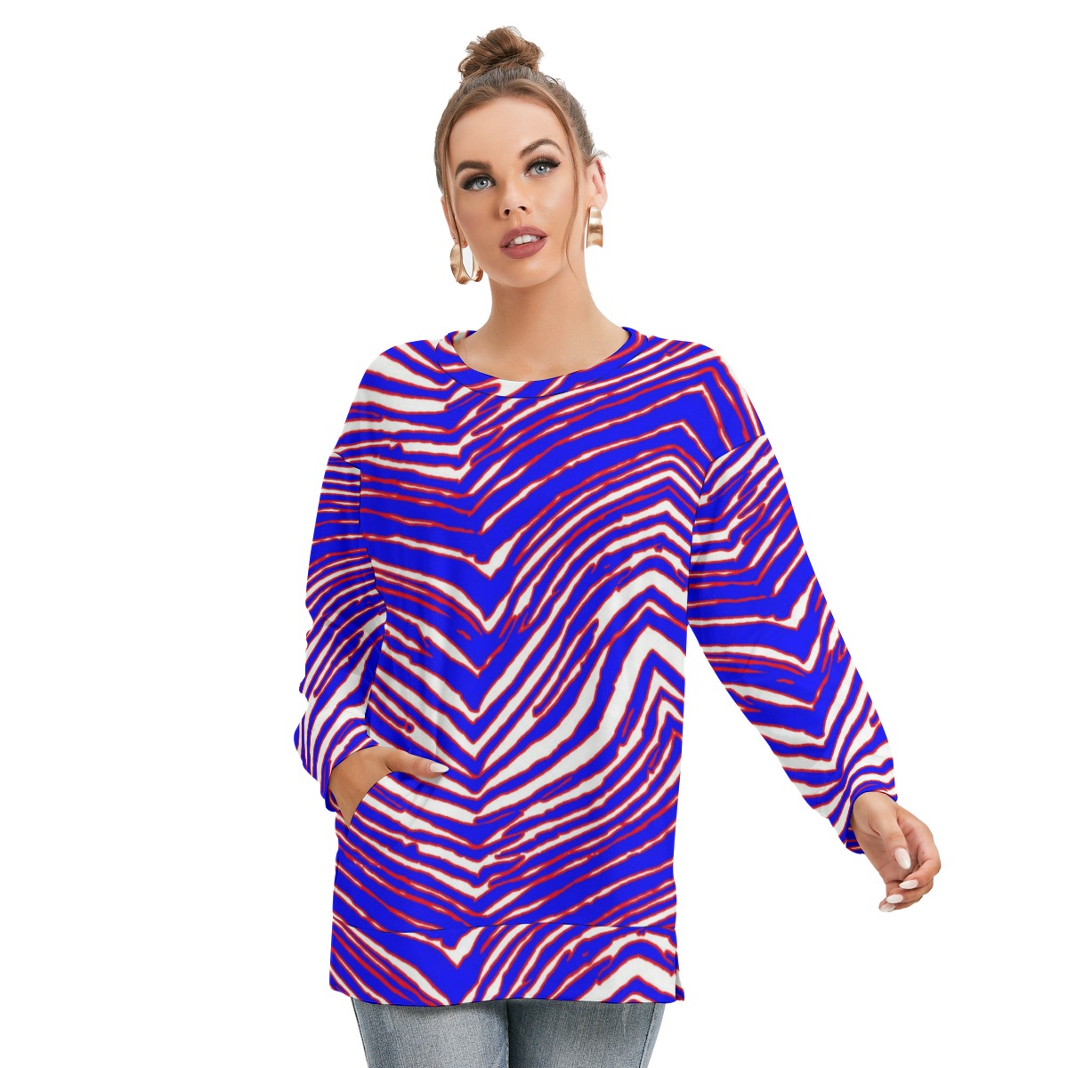 Women’s Side Split O-Neck Sweatshirt – Red, Blue White Zebra Game Day Style