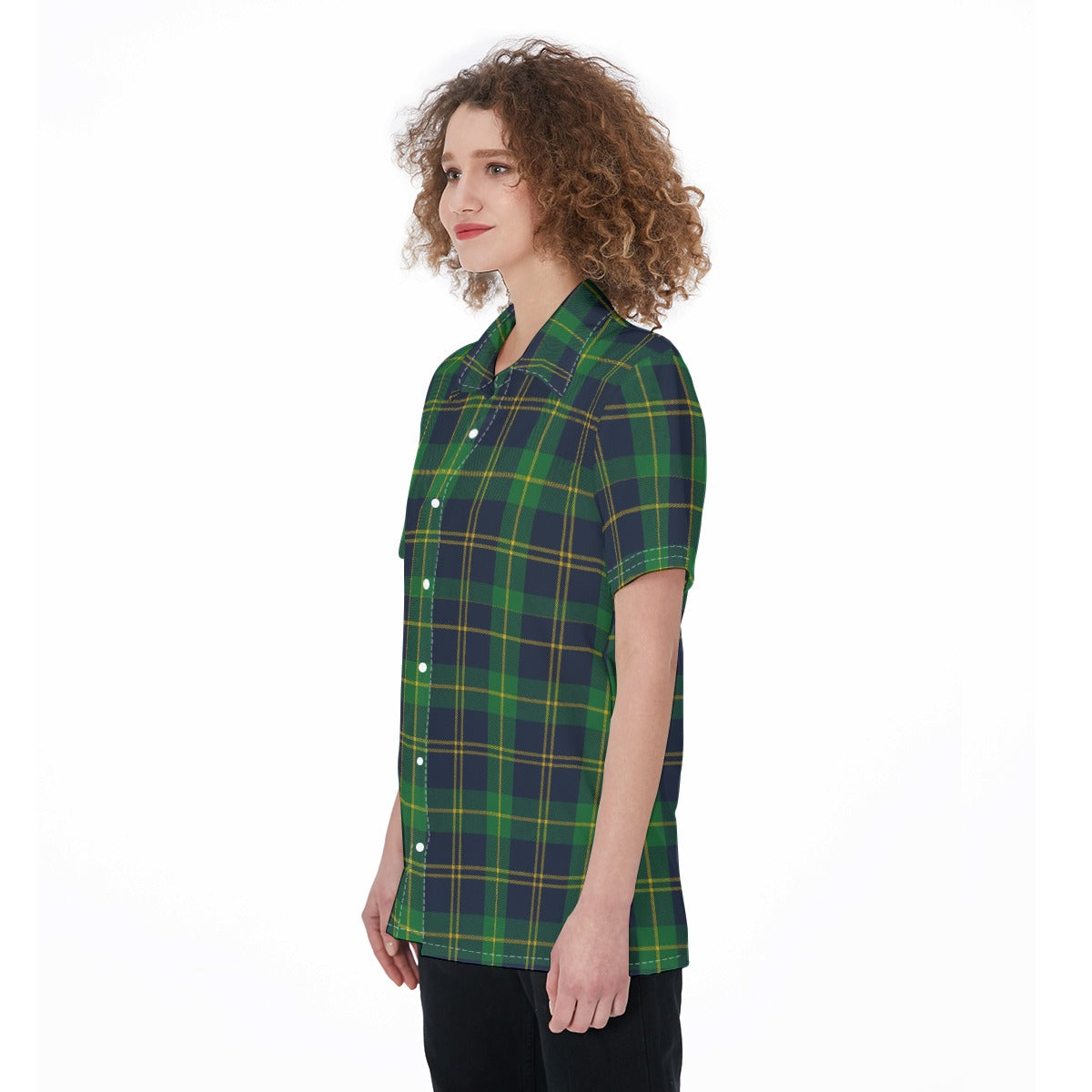 Notre Dame Fighting Irish Green Navy Gold Plaid Womens Shirt 7 green navy gold plaid women fashion apparel