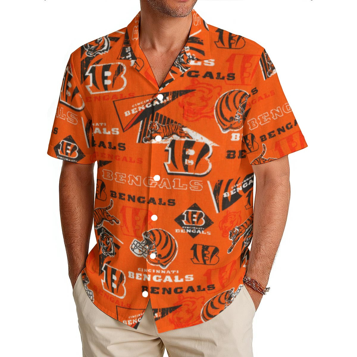 Cincinnati Bengals Men's Hawaiian Shirt|150GSM black orange football back view game day look