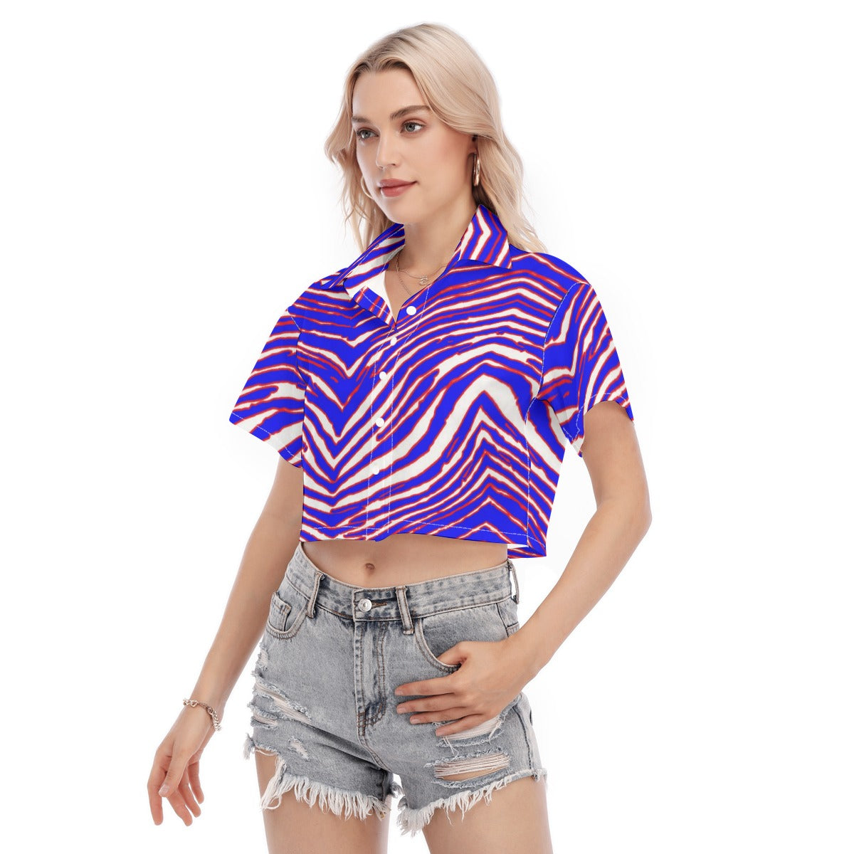 Buffalo Football Women's Cropped Shirt – Red Blue White Zebra Game Day Style