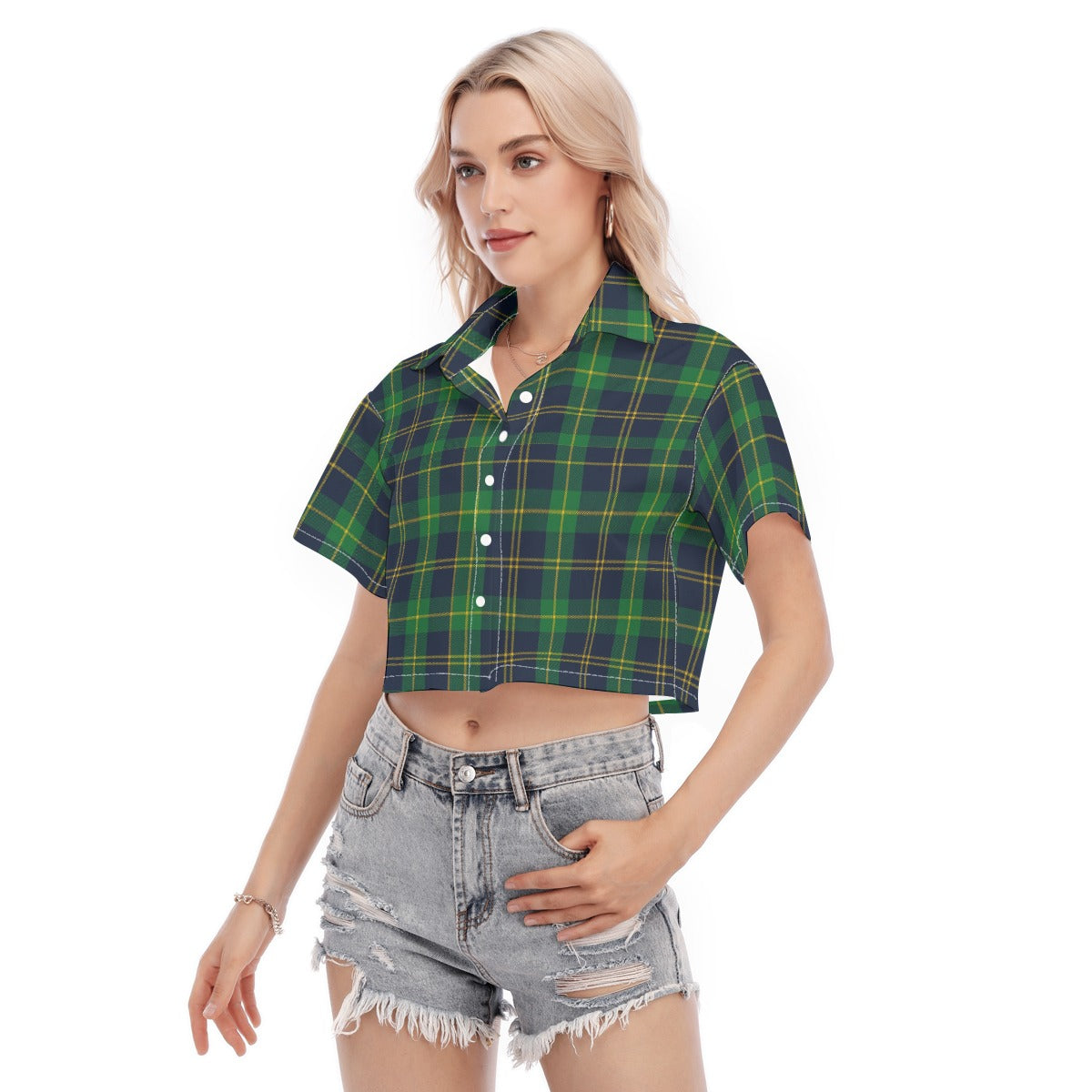 Notre Dame Fighting Irish Green Navy Gold Plaid Womens Cropped Shirt 7 green navy gold plaid women fashion apparel