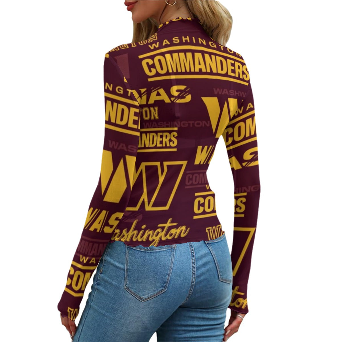 washington-commanders-womens-mesh-t-shirt burgundy gold football outfit detail