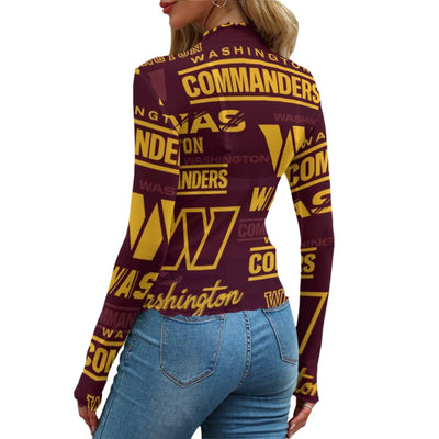 washington-commanders-womens-mesh-t-shirt burgundy gold football outfit detail