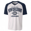 New Orleans 504 Louisiana Baseball V-Neck T-Shirt White and Navy Blue – Urban Sports Streetwear – breathable comfort wear, fan gear, image 1.0