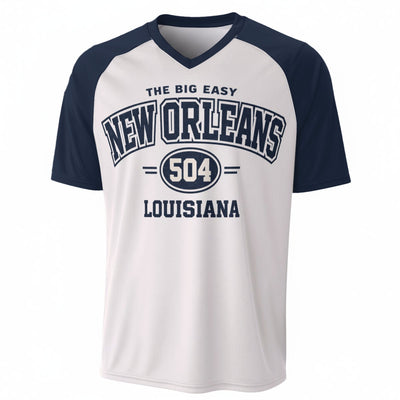 New Orleans 504 Louisiana Baseball V-Neck T-Shirt White and Navy Blue – Urban Sports Streetwear – breathable comfort wear, fan gear, image 1.0